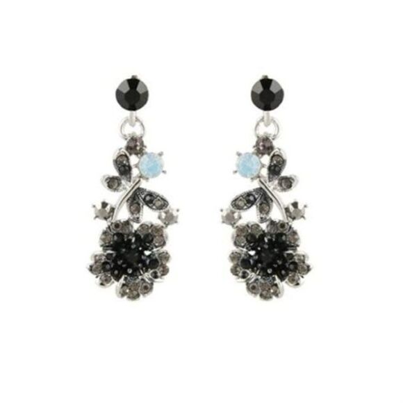 Silver & Black Onyx Austrian Crystal Hibiscus Butterfly Necklace & Earrings Set - Picture 2 of 8